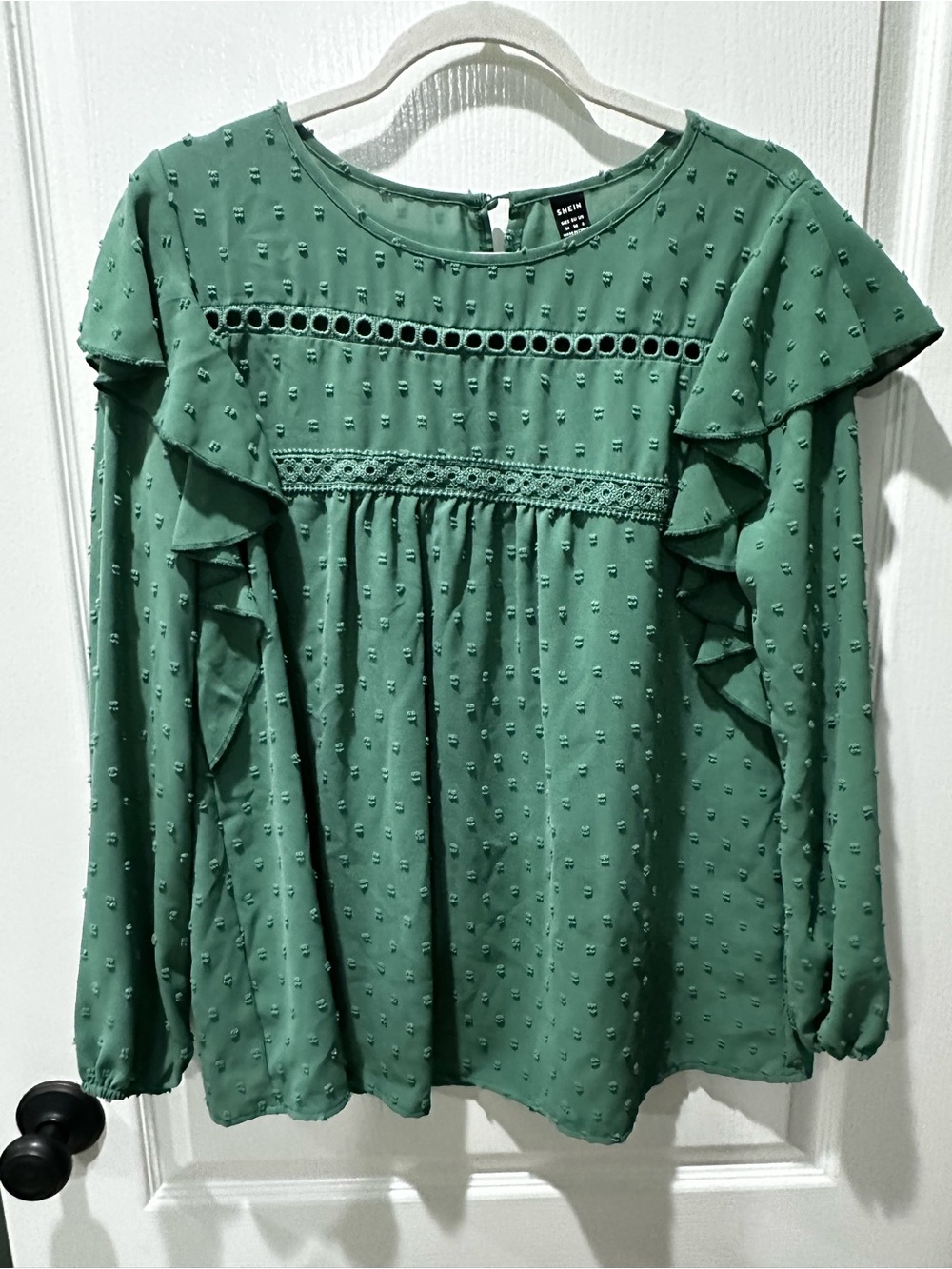 SHEIN Green Ruffle Swiss Dot Blouse